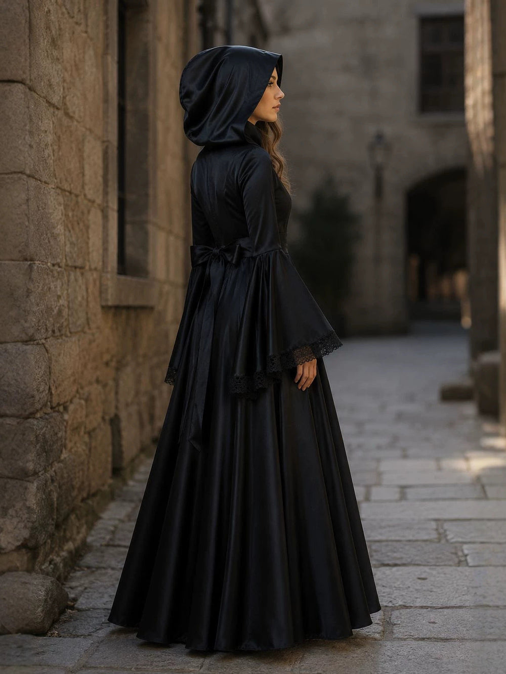 Women's hooded witch Halloween costume, close up of hood