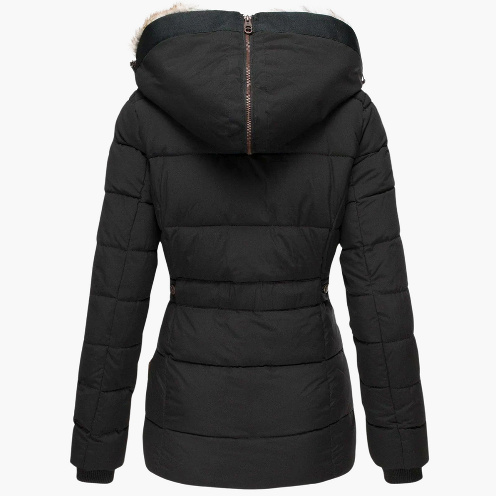 Women's insulated hooded parka, close up of hood