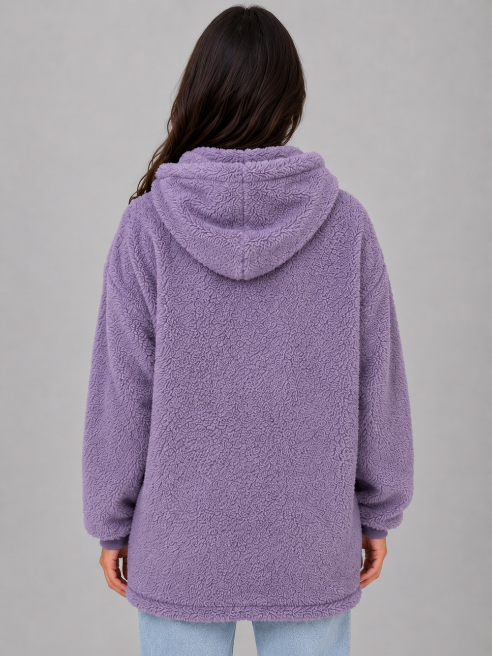 Women's longline hooded teddy fleece cardigan, close up of hood