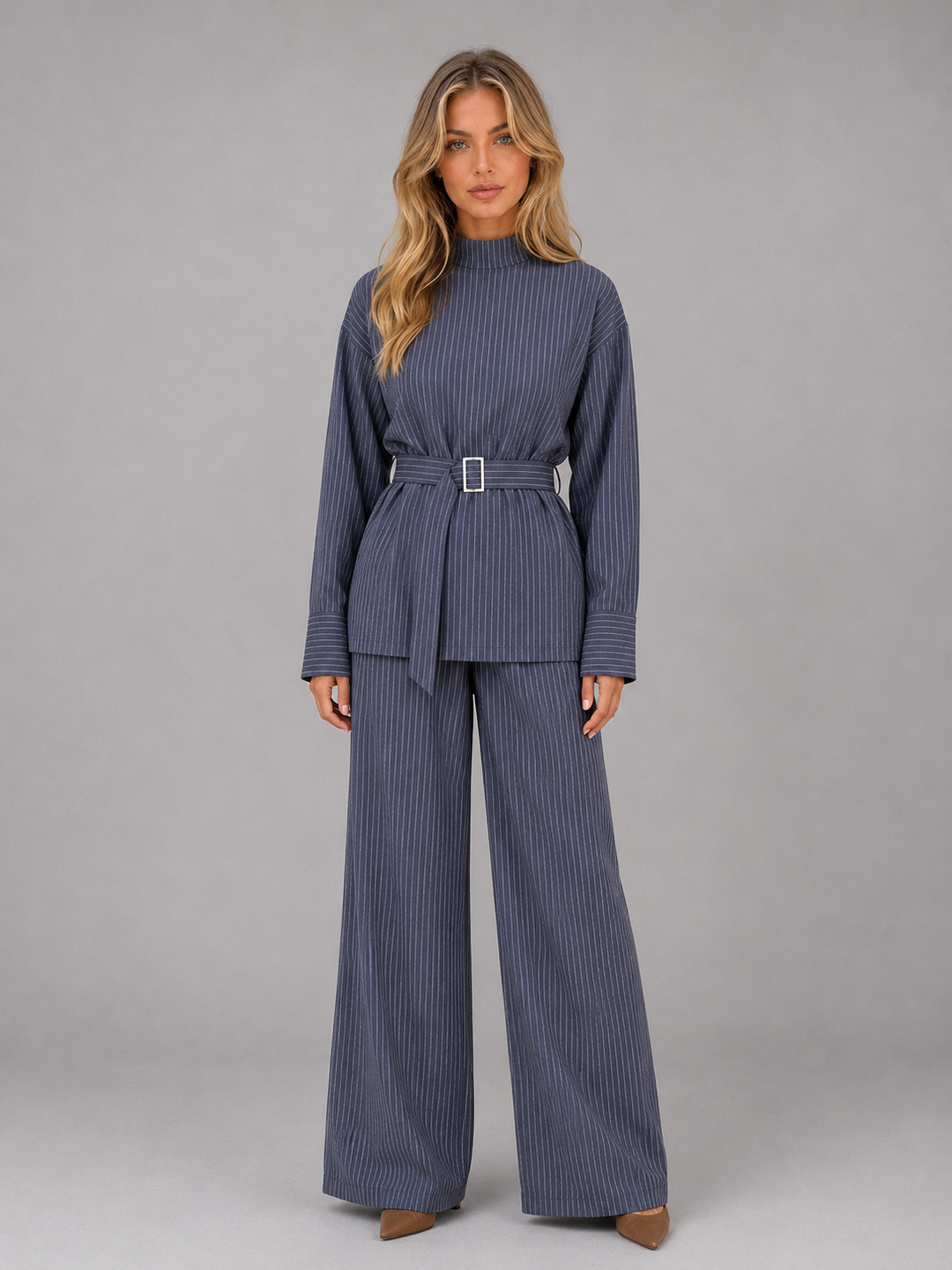 Women's pinstripe high neck top and wide leg trousers set, front view