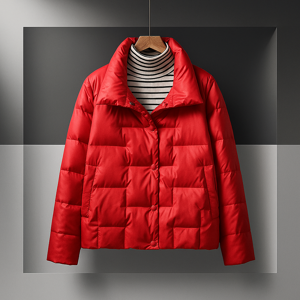 Women's quilted puffer jacket in red, front view