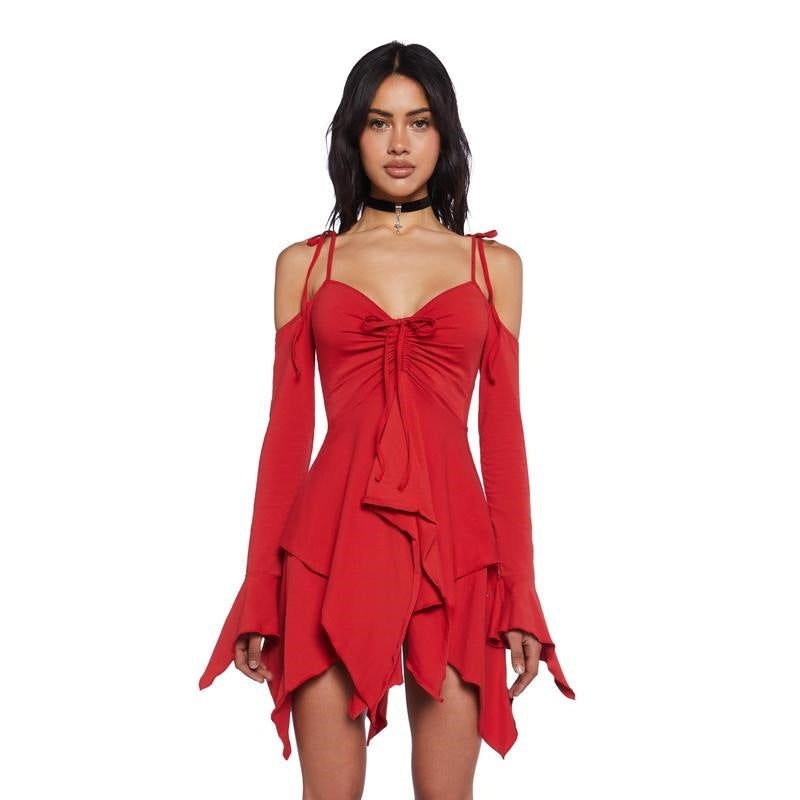 Women's red performance Halloween costume, front view