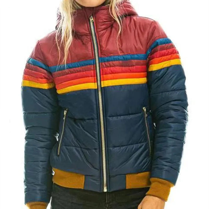 Women's retro hooded puffer jacket, close up of hood