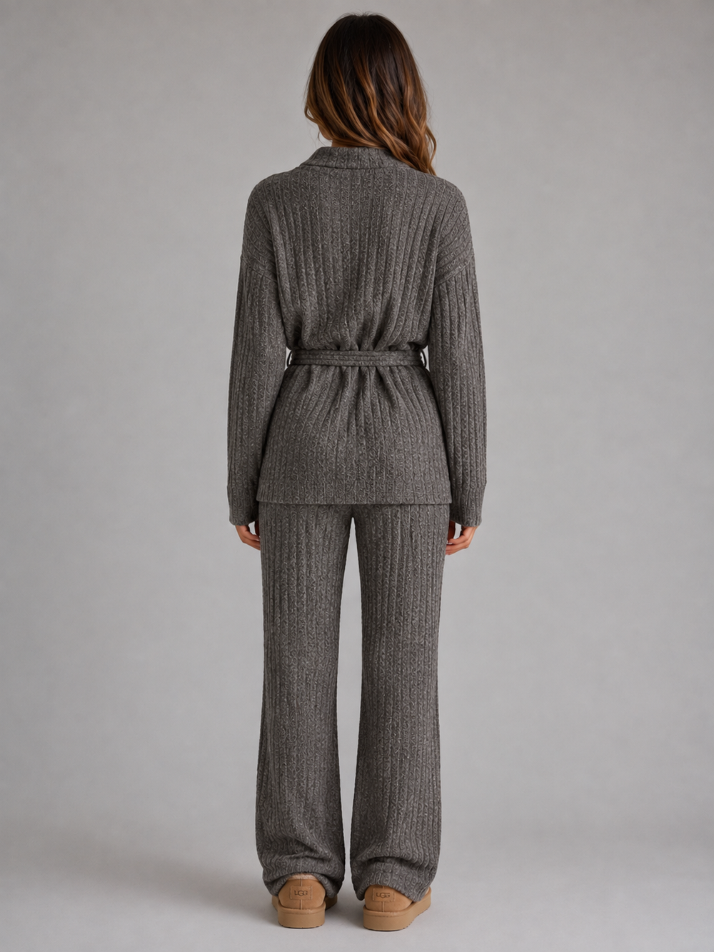 Women's roll neck jumper and wide leg trousers knit set, close up of roll neck