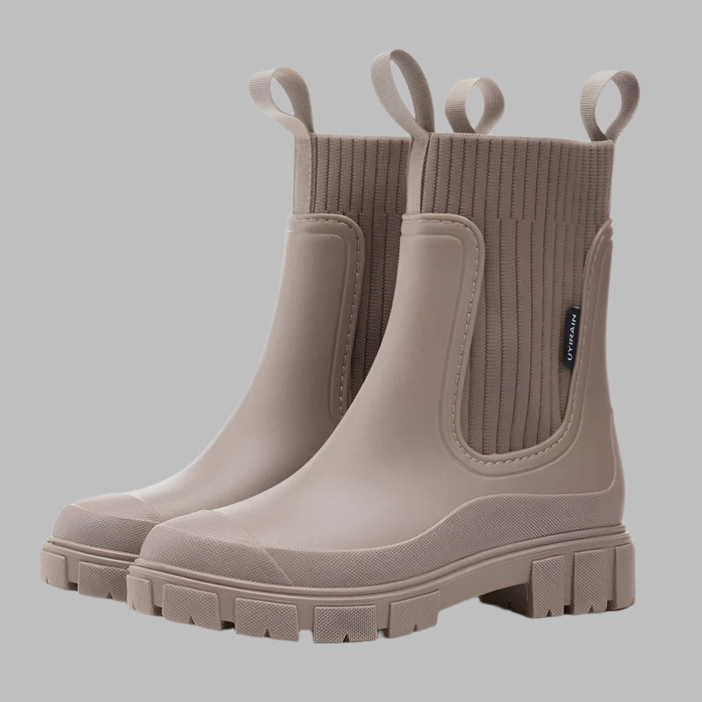 Women's water resistant Chelsea boots in taupe, front view