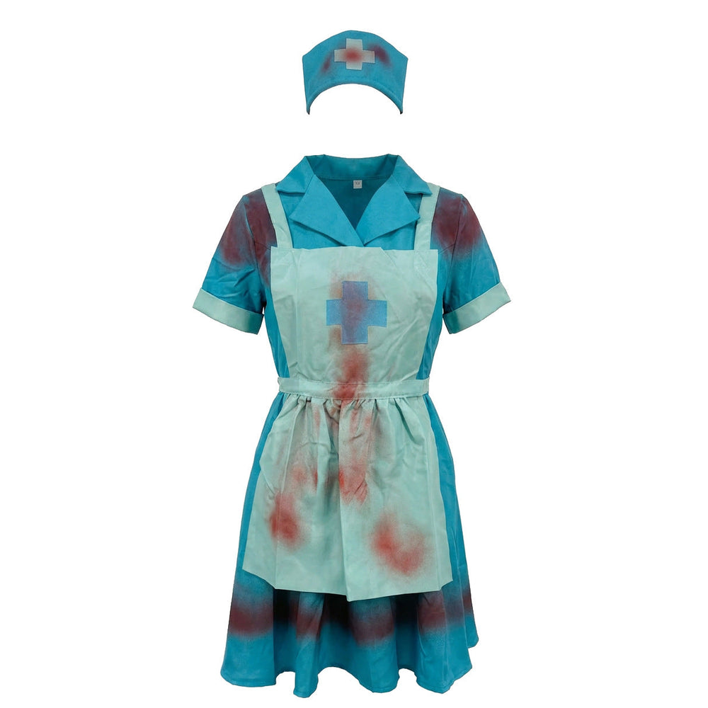 Women's zombie nurse Halloween costume, close up of bloodstain detailing